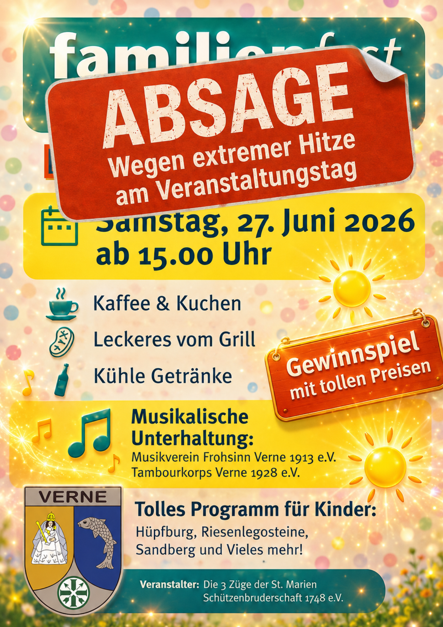 Plakatmotiv mit der Bekanntgabe, dass das Familienfest abgesagt werden muss.